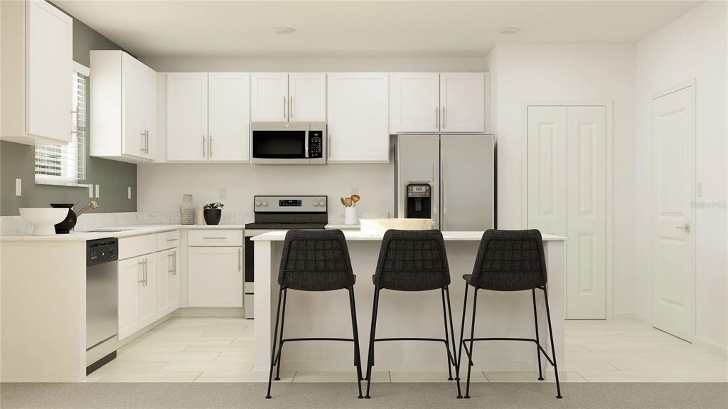 This is a rendering of a modern kitchen featuring white cabinets, stainless appliances, and island seating — 10149 BOGER RANCH COURT, DADE CITY, FL