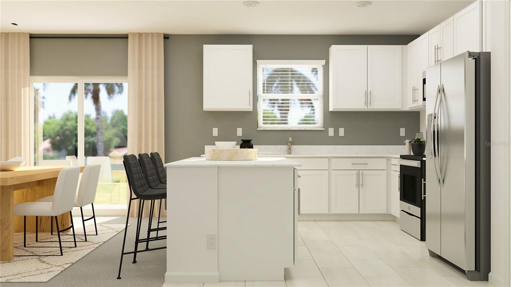 This is a digital rendering of a modern kitchen featuring white cabinets and a center island — 10149 BOGER RANCH COURT, DADE CITY, FL