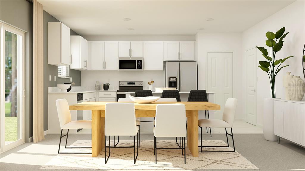 This rendering shows a dining area and kitchen with white cabinets and light wood furniture — 10149 BOGER RANCH COURT, DADE CITY, FL