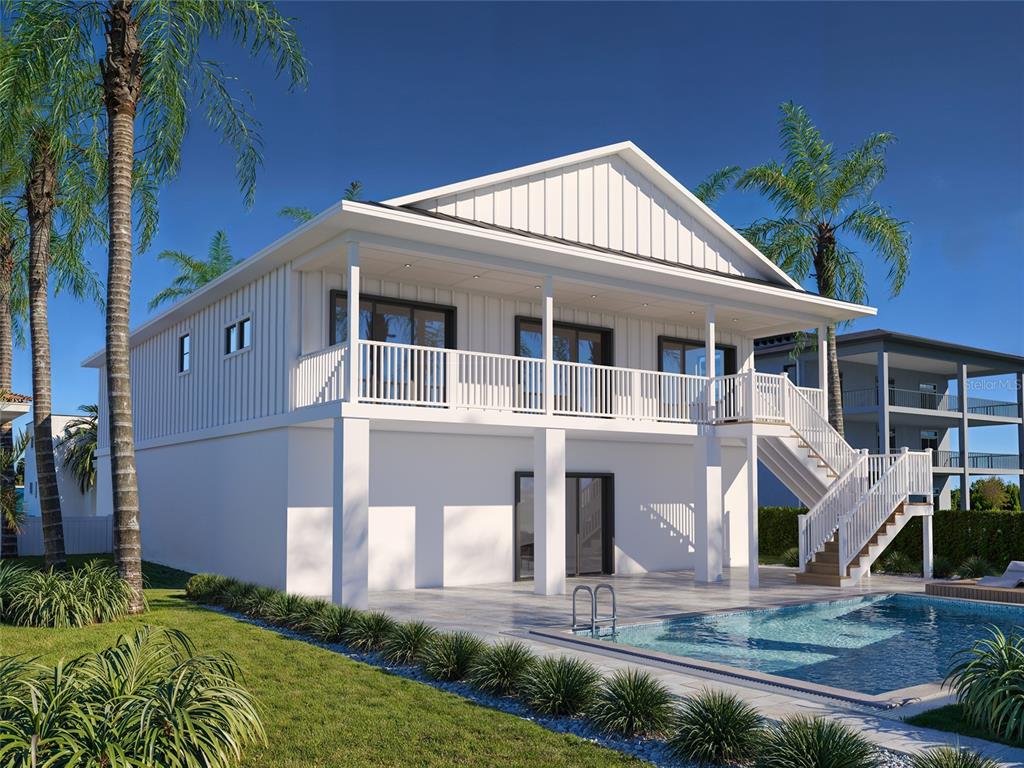 A digital rendering of a two-story house with a raised porch, pool, and white siding — 17030 DOLPHIN DRIVE, NORTH REDINGTON BEACH, FL