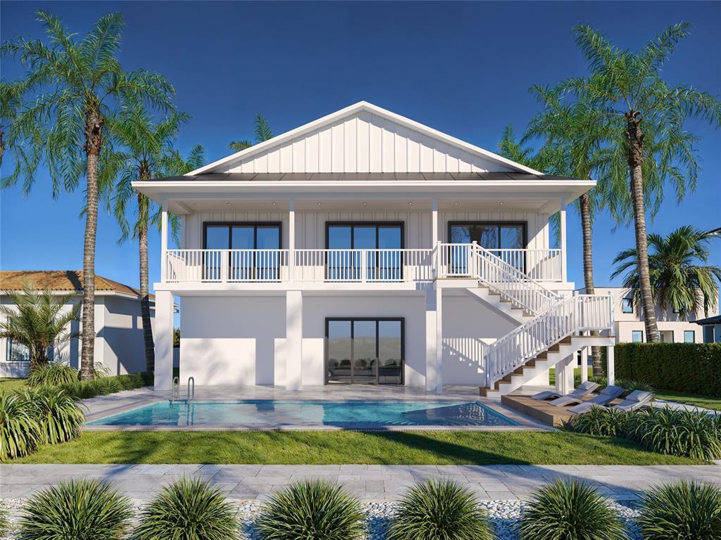 This is a rendering of a two-story white house with a pool and exterior staircase — 17030 DOLPHIN DRIVE, NORTH REDINGTON BEACH, FL