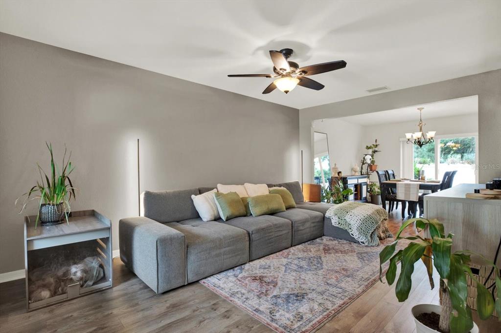 A living room features a gray sectional sofa, a patterned rug, and a dog crate — 3017 MOJAVE OAK DRIVE, VALRICO, FL