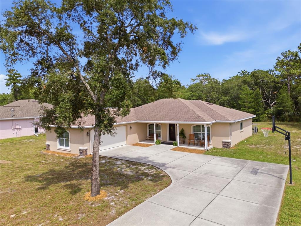 A single-story tan house with a concrete driveway, a large tree, and a basketball hoop — 11472 PINE WARBLER AVENUE, BROOKSVILLE, FL