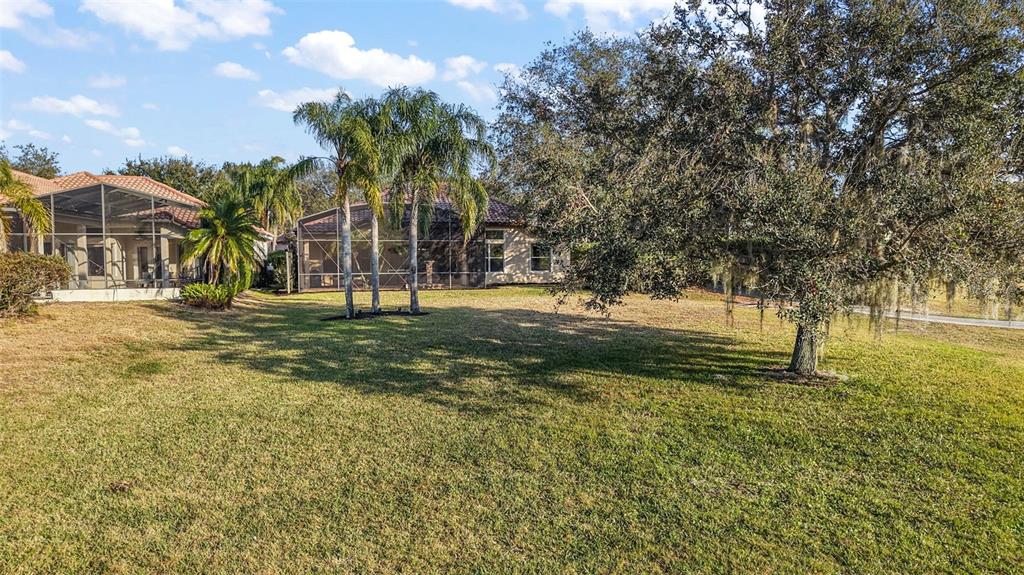 A grassy backyard features a large oak tree and two houses with screened-in lanais — 9930 SANTA BARBARA COURT, HOWEY IN THE HILLS, FL
