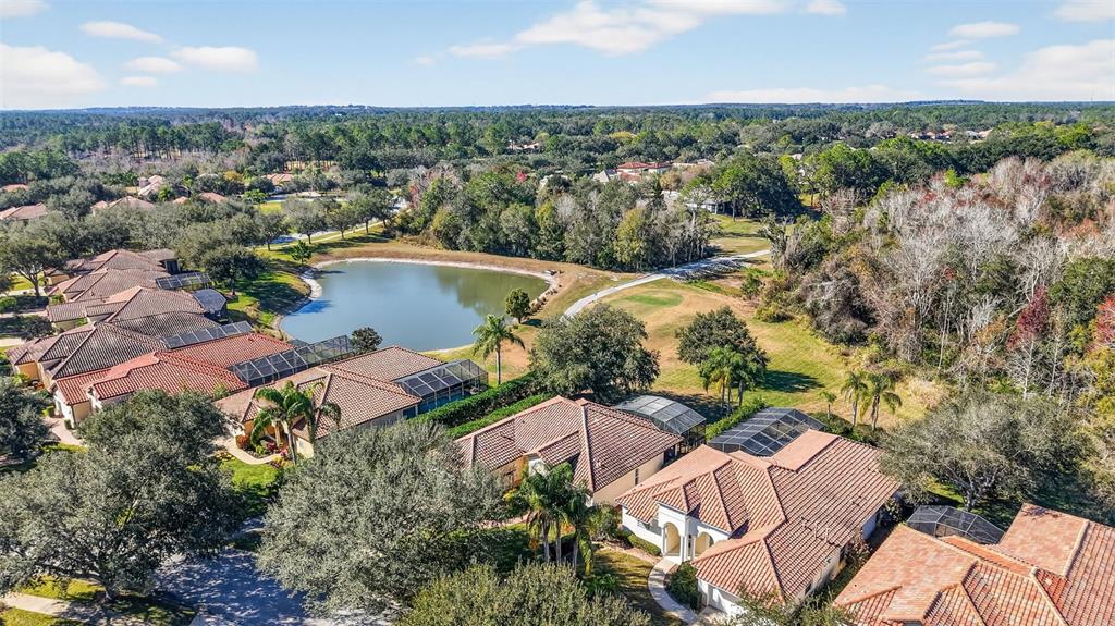 An aerial view shows several houses with tile roofs near a small pond and trees — 9930 SANTA BARBARA COURT, HOWEY IN THE HILLS, FL