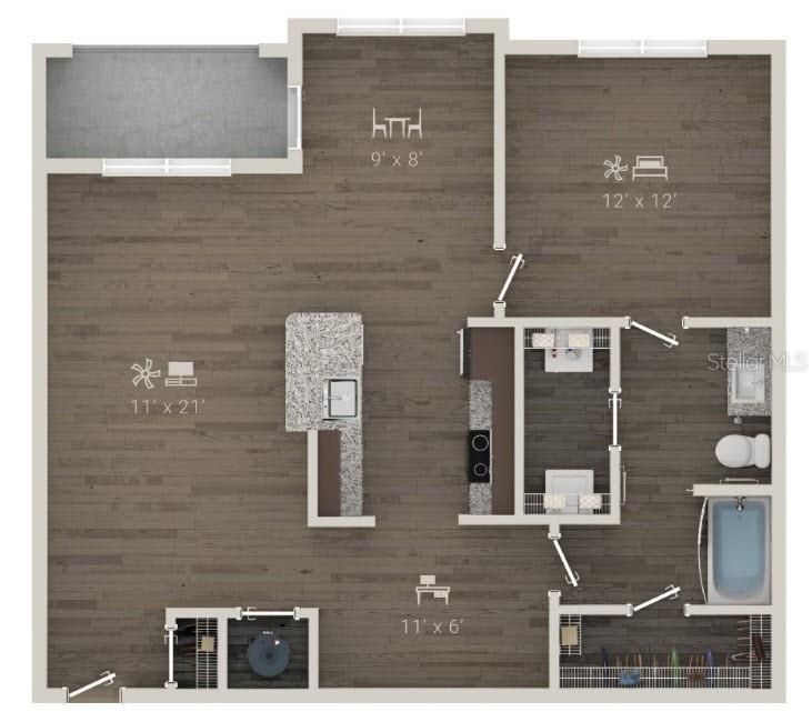 This floor plan rendering shows a one-bedroom apartment with an open kitchen, living area, and balcony — 1420 LAKEFRONT DRIVE UNIT 6413, SARASOTA, FL
