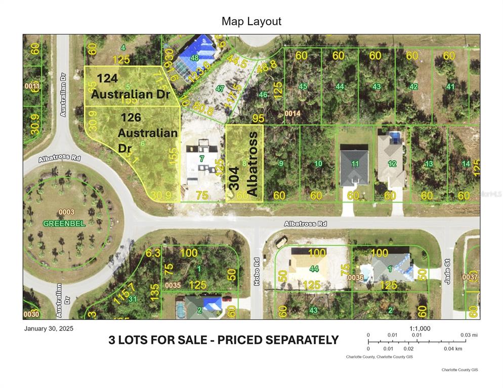 This is a map showing three highlighted residential lots for sale — 126 AUSTRALIAN DRIVE, ROTONDA WEST, FL