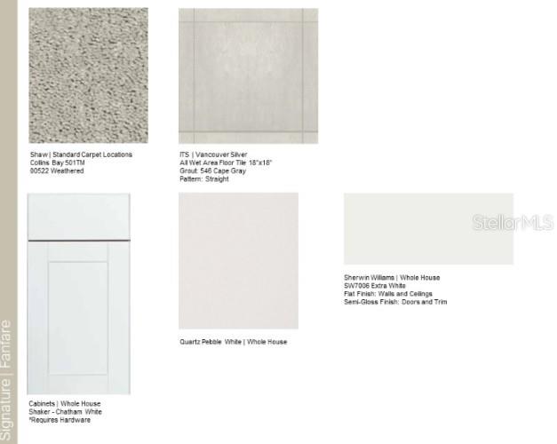 This image is a design board showing interior finish samples for a home — 752 HAZELWOOD COURT, HAINES CITY, FL