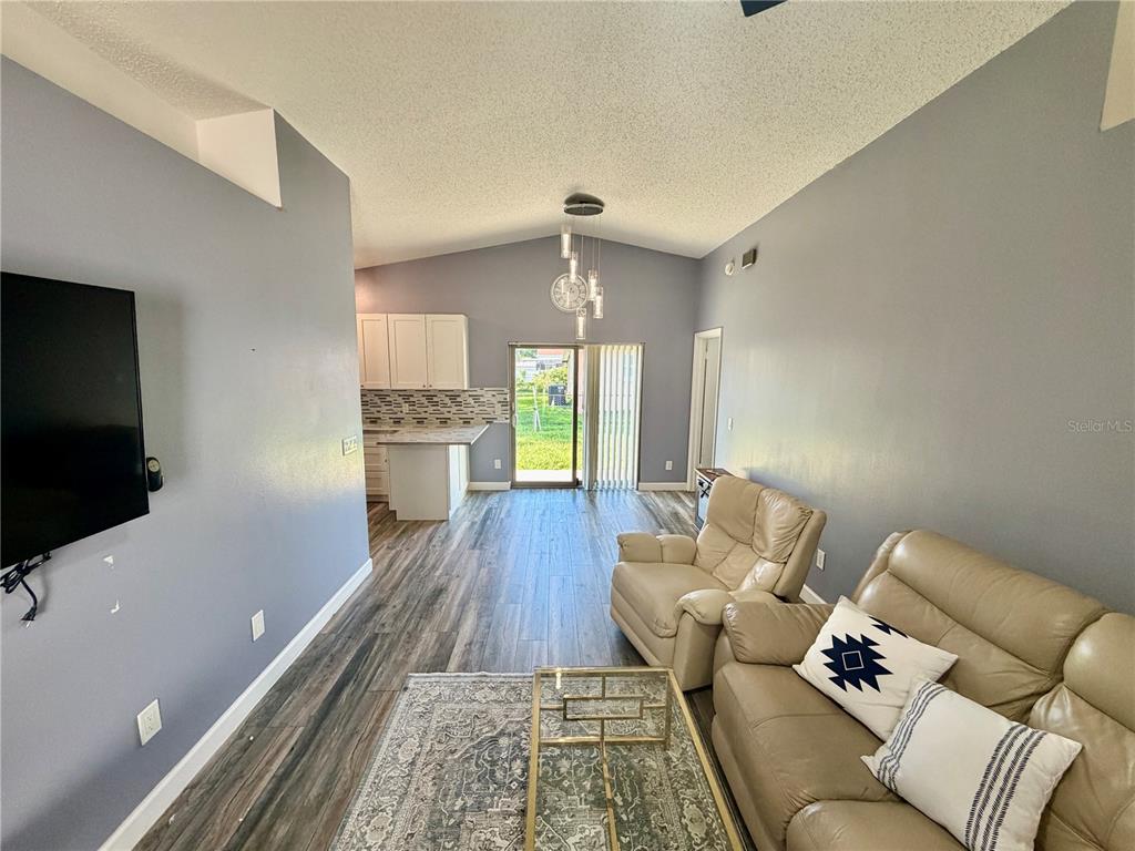 A living room with light gray walls, wood-look flooring, and an open kitchen area — 2604 W KIRBY STREET, TAMPA, FL