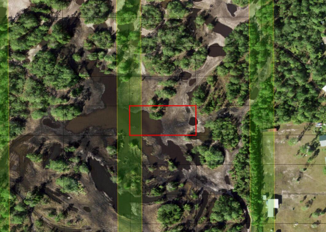 This aerial map view shows a wooded, marshy lot with standing water and dirt trails — 0 Holopaw Groves Road, FL 34772, FL