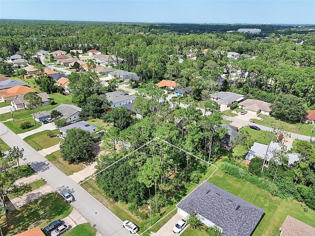 An aerial view shows a wooded vacant lot outlined in white within a residential neighborhood — 30 WELLWOOD LANE, PALM COAST, FL