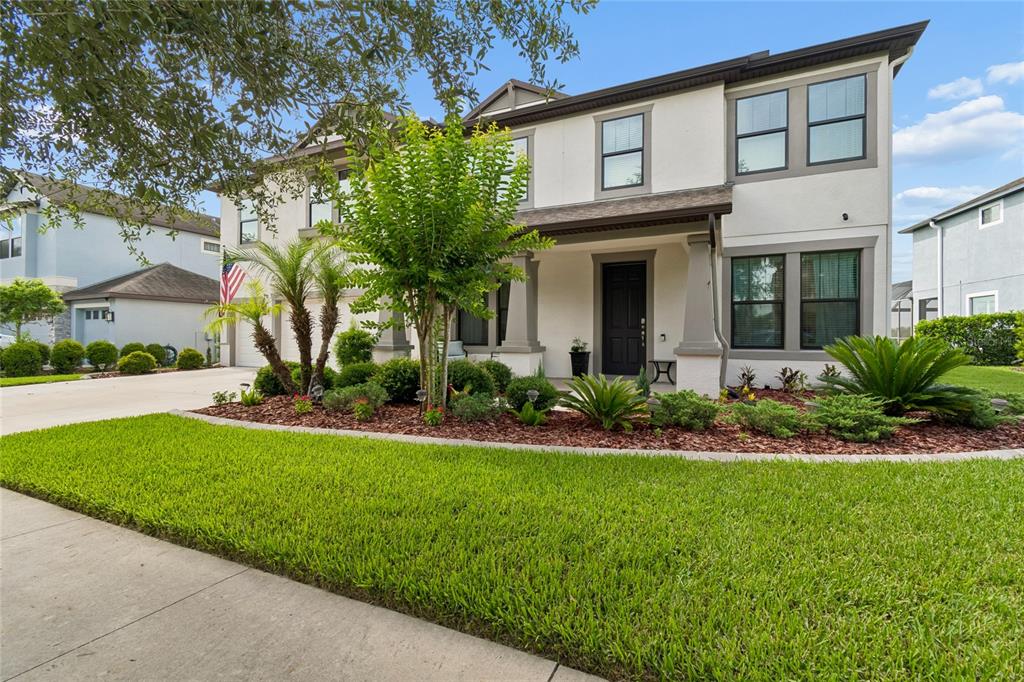 A two-story suburban house with a white stucco facade, dark trim, and a landscaped front yard — 10623 MISTFLOWER LANE, TAMPA, FL