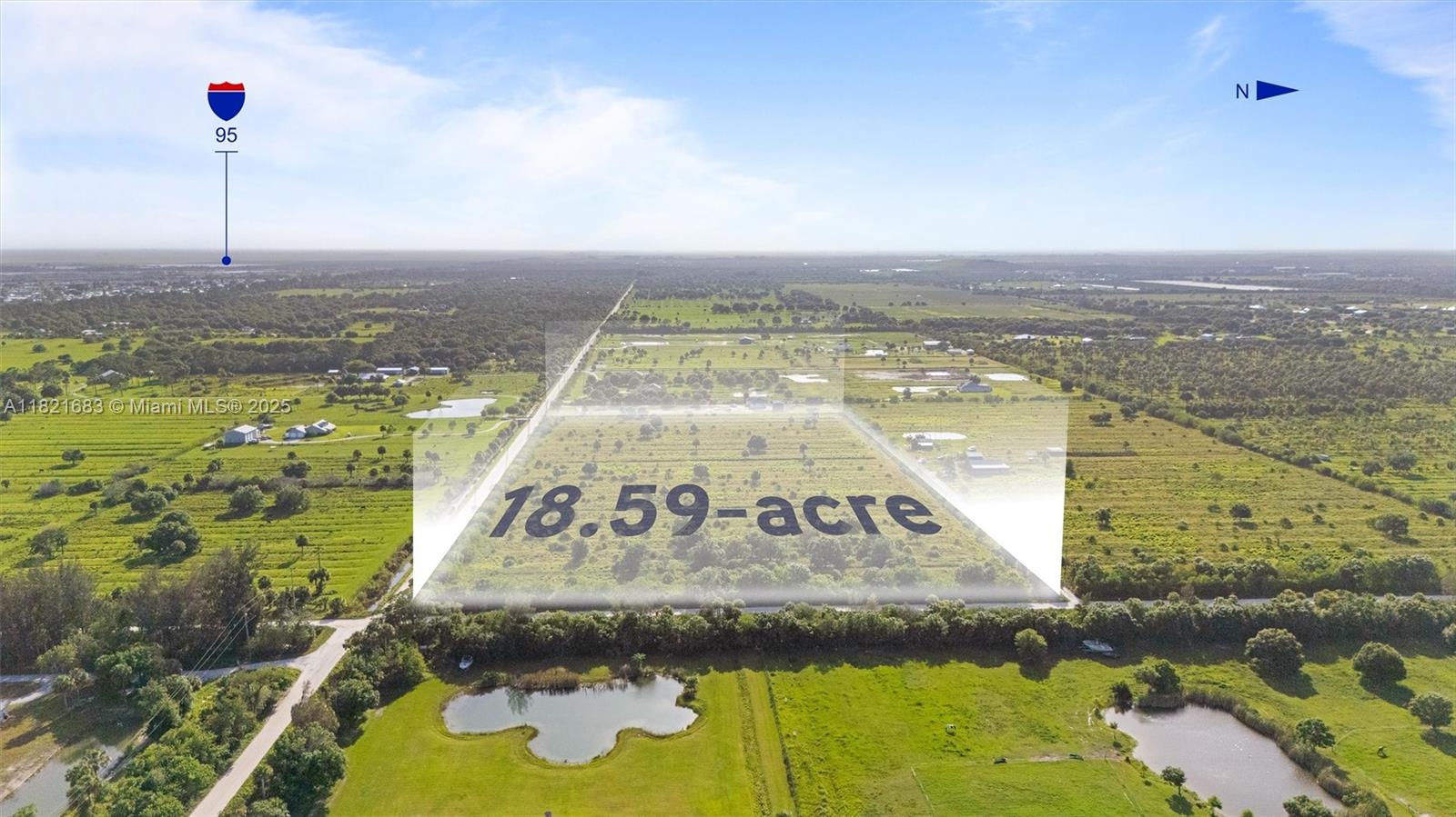 An aerial view shows a large, rectangular plot of land labeled as 18.59 acres — 21st ST SW & 58th Ave, Vero Beach FL 32968, VERO BEACH, FL