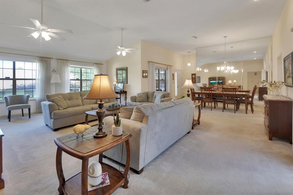 A living room and dining area with beige carpet, neutral walls, and mirrored accent walls — 2520 S GLEN EAGLES DRIVE, DELAND, FL
