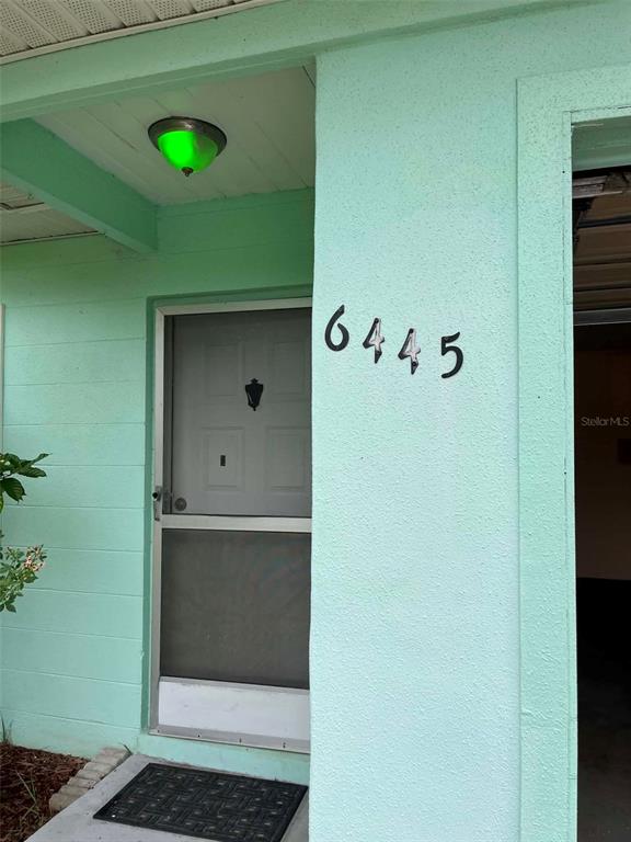 A light green exterior wall features the house number 6445 next to a white door — 6445 RIVER ROAD, NEW PORT RICHEY, FL