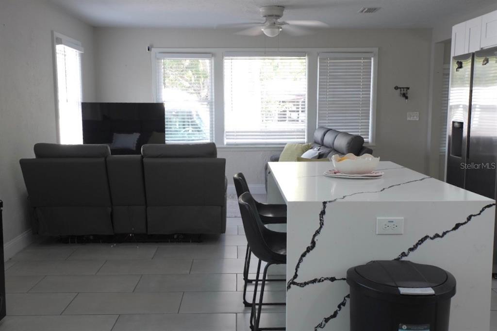 A kitchen island with a marble-look countertop faces a living area with gray furniture — 4405 N TAMPANIA AVENUE, TAMPA, FL