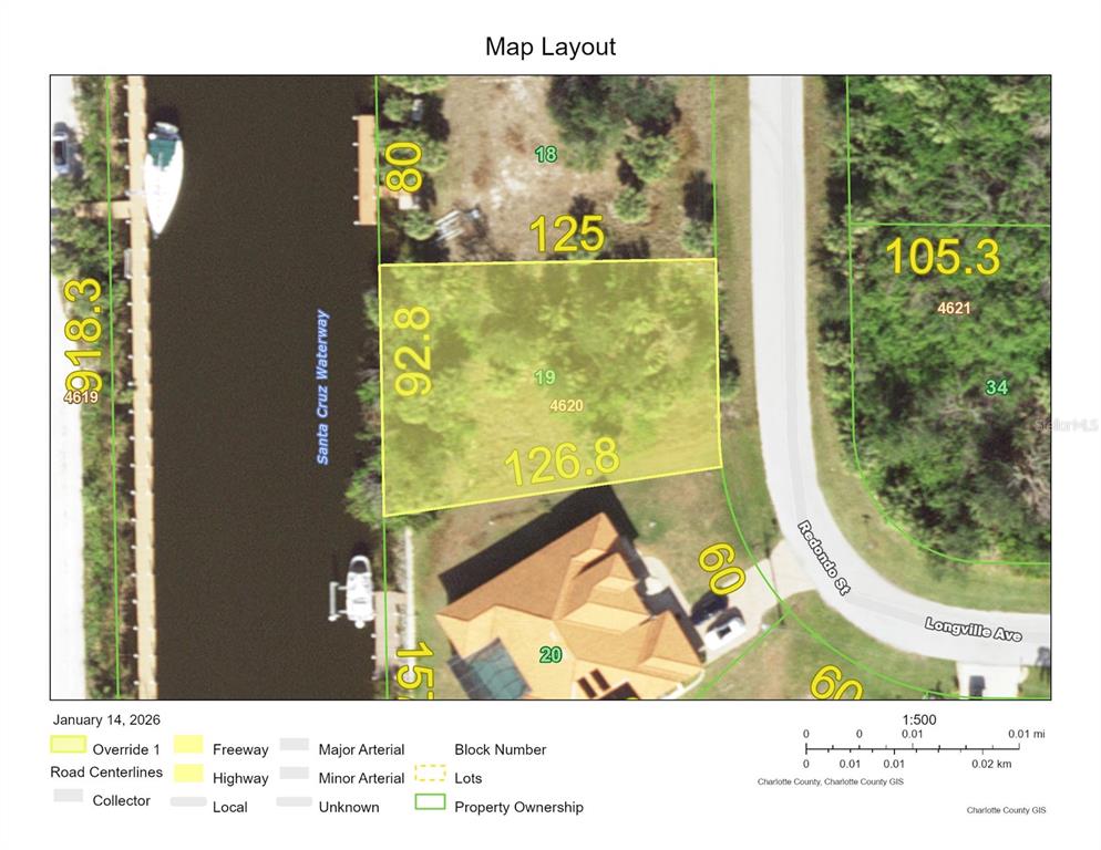 This is a map showing a waterfront residential lot with property dimensions and surrounding streets — 10481 REDONDO STREET, PORT CHARLOTTE, FL