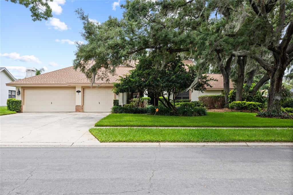 A single-story house with a two-car garage and large oak trees in the front yard — 2555 MASON OAKS DRIVE, VALRICO, FL