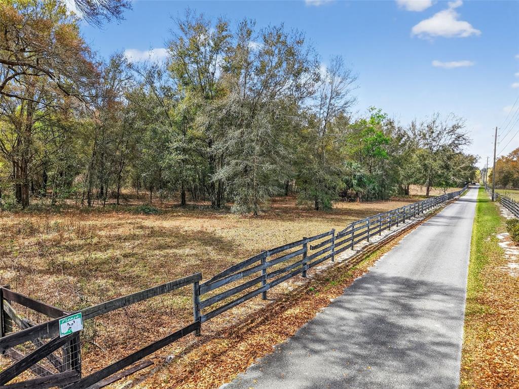 A paved road runs alongside a fenced, wooded lot under a blue sky — 3800 DOUBLE D CIRCLE R, LADY LAKE, FL