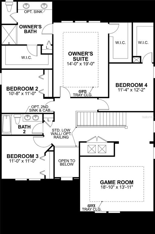 This is a floor plan of a residential second story featuring four bedrooms and a game room — 5615 FREESIA DRIVE, LAKELAND, FL