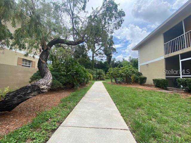 A concrete walkway leads between a multi-story apartment building and a large, curved tree — 1656 SUNNY BROOK LANE NE UNIT L102, PALM BAY, FL
