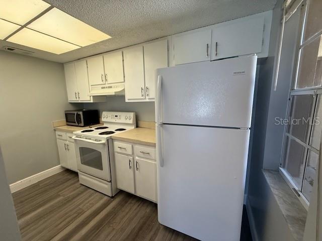 A kitchen features white cabinets, a white refrigerator, a white stove, and wood-look flooring — 1656 SUNNY BROOK LANE NE UNIT L102, PALM BAY, FL