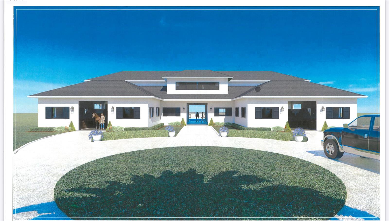 A digital rendering shows the exterior of a white, U-shaped horse stable with a circular driveway — 2970 Greenbriar Boulevard, Wellington FL 33414, WELLINGTON, FL