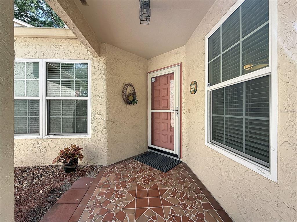 A covered entryway features a tiled patio, a pink storm door, and two windows — 11241 VERSAILLES LANE UNIT 0, PORT RICHEY, FL