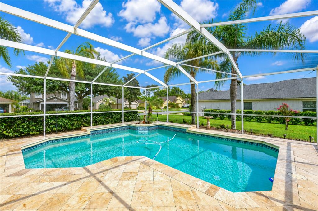 A screened-in swimming pool with a tiled deck and palm trees in a backyard — 5602 ROCKFIELD LOOP, VALRICO, FL
