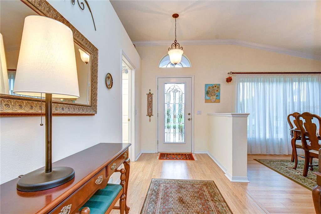 An entryway features a wood console table, a lamp, a mirror, and a glass-paneled front door — 5602 ROCKFIELD LOOP, VALRICO, FL