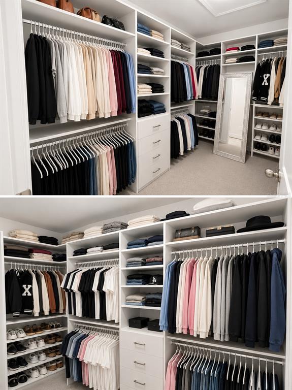 This walk-in closet features white custom shelving, hanging rods, drawers, and a full-length mirror — 124 BELLA VERANO WAY, DAVENPORT, FL