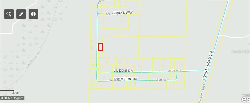 This map shows a highlighted rectangular property lot located near local roads and a river — LIL DIXIE DRIVE, SANDERSON, FL