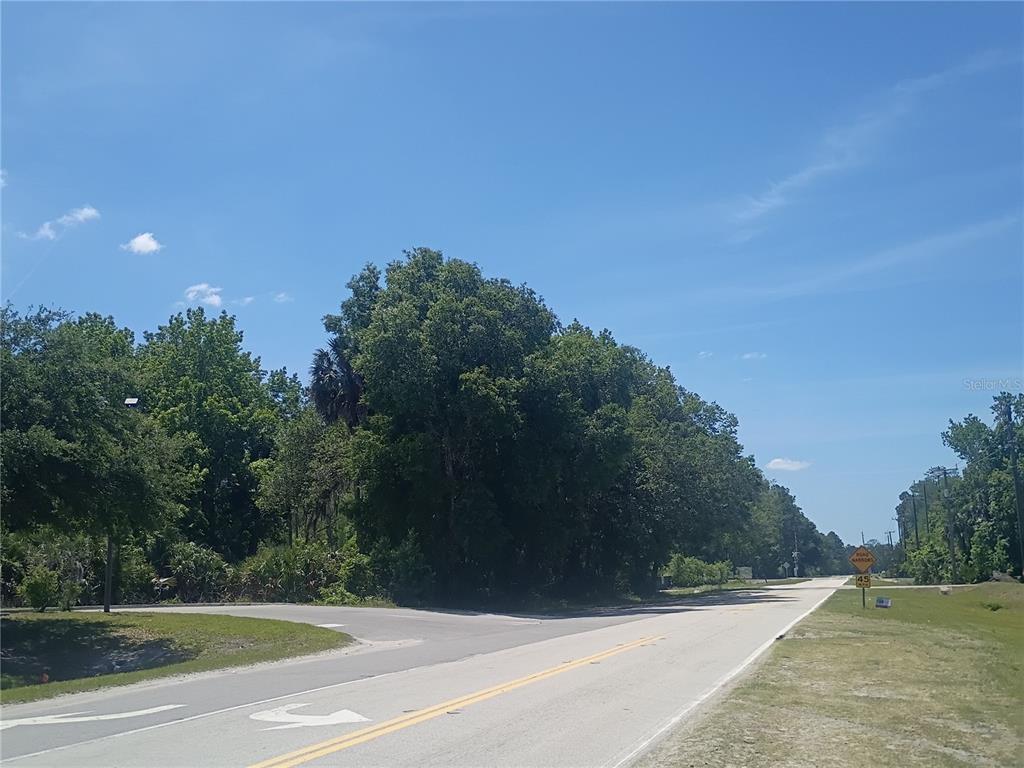A paved road leads toward a wooded intersection under a clear blue sky — 79 CR-304, BUNNELL, FL