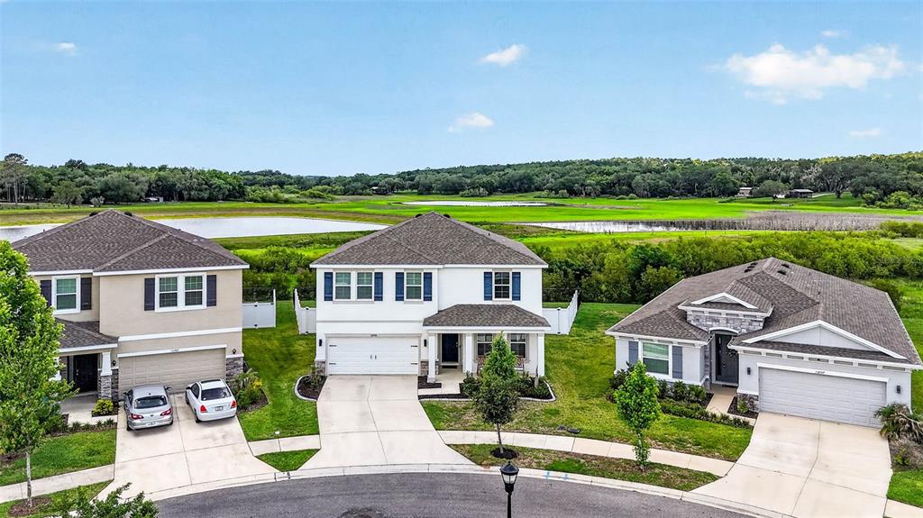 Three suburban houses with driveways face a grassy field and a pond under a blue sky — 13793 WINEBERRY DRIVE, DADE CITY, FL