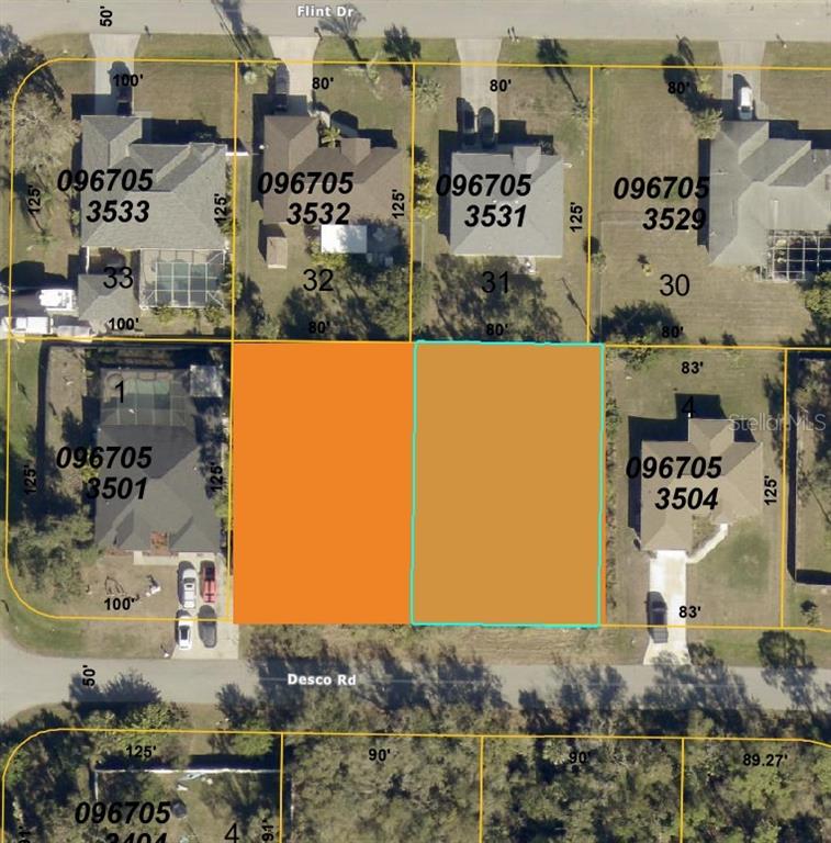 This is an aerial map showing two adjacent vacant lots highlighted in orange and tan — DESCO ROAD, NORTH PORT, FL