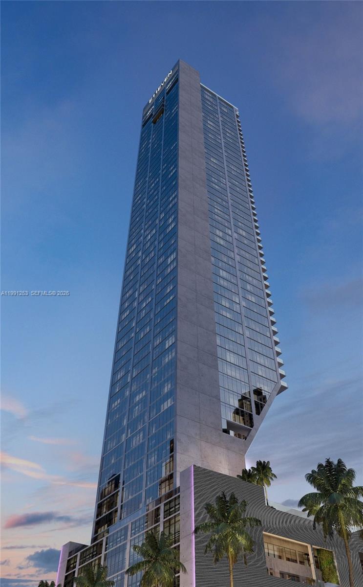 This is a digital rendering of a modern, tall skyscraper with a cantilevered glass facade — 20 NE 11th St # 3809, Miami FL 33132, MIAMI, FL