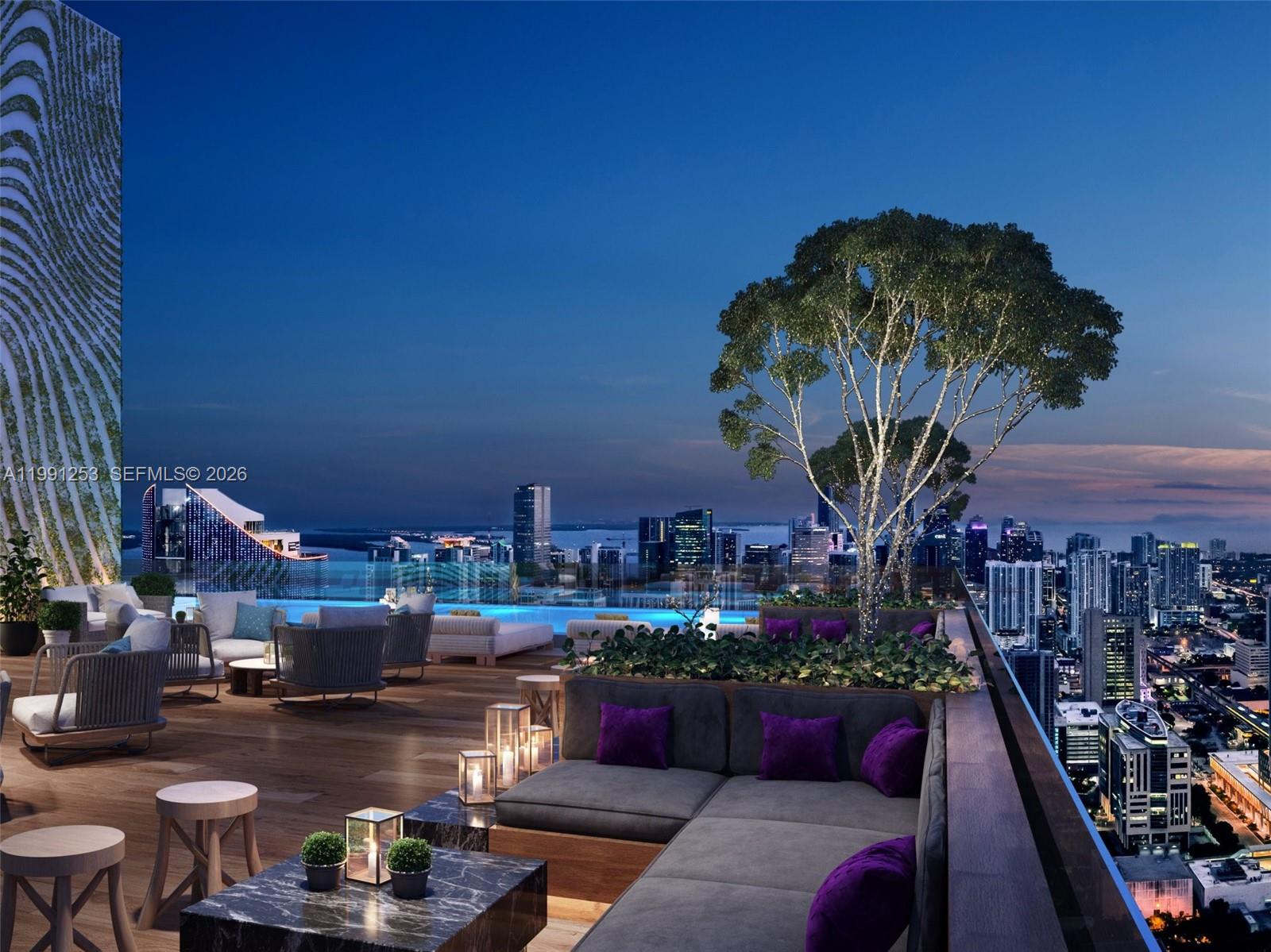 This is a rendering of a rooftop terrace featuring lounge seating, a pool, and city views — 20 NE 11th St # 3809, Miami FL 33132, MIAMI, FL