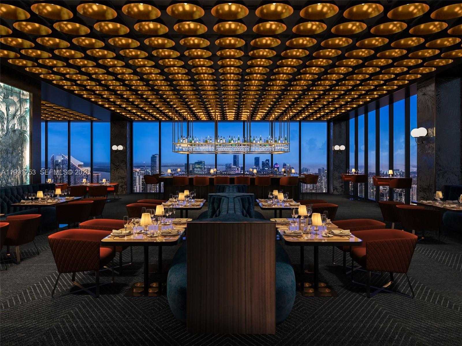 This is a rendering of a modern restaurant interior featuring a gold-patterned ceiling and city views — 20 NE 11th St # 3809, Miami FL 33132, MIAMI, FL