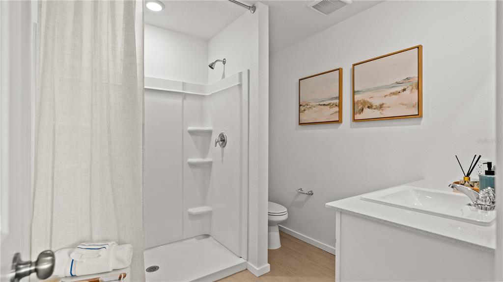 A bathroom features a white shower stall, a vanity with a sink, and wall art — 3491 ROVER ROAD, EAGLE LAKE, FL
