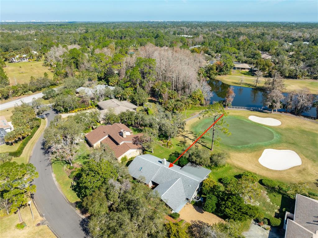 An aerial view shows a house with a gray roof situated next to a golf course — 507 BOXWOOD LANE, NEW SMYRNA BEACH, FL