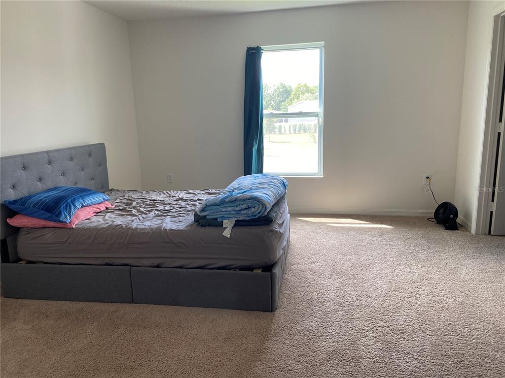 A bedroom features a gray upholstered bed, beige carpeting, and a single window with curtains — 1523 WYNFORD CIRCLE, TAVARES, FL