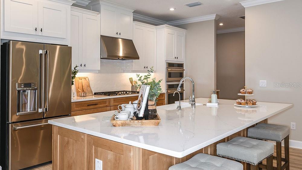 A kitchen features white upper cabinets, wood lower cabinets, a large island, and stainless steel appliances — 3616 PINE PEAK LOOP, PLANT CITY, FL