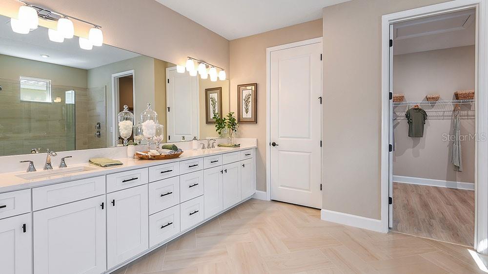 A bathroom features a double vanity with white cabinets, a large mirror, and an adjacent closet — 3616 PINE PEAK LOOP, PLANT CITY, FL