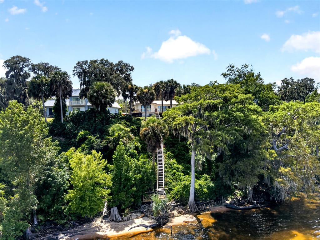 A long wooden staircase leads from a sandy shoreline up to houses nestled in trees — 8445 NE 310TH AVENUE, FORT MC COY, FL