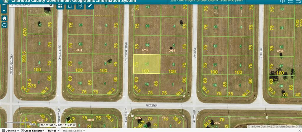 This is a satellite map showing residential land parcels and street layouts in Charlotte County — 4 COTTONWOOD COURT, PLACIDA, FL