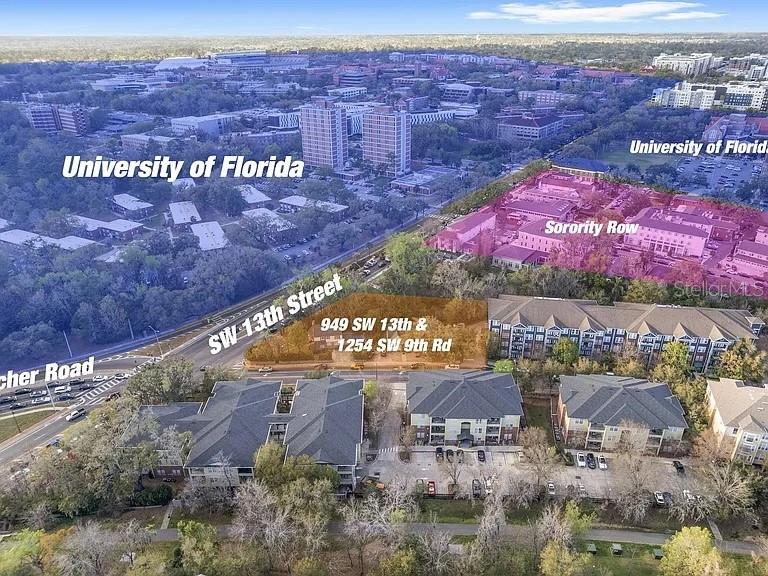 This aerial map shows apartment buildings near the University of Florida campus — 1254 SW 9TH ROAD, GAINESVILLE, FL
