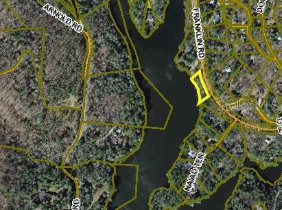 This is an aerial map showing a highlighted waterfront property parcel located along a road — 15xx FRANKLIN ROAD, HIGHLANDS, NC