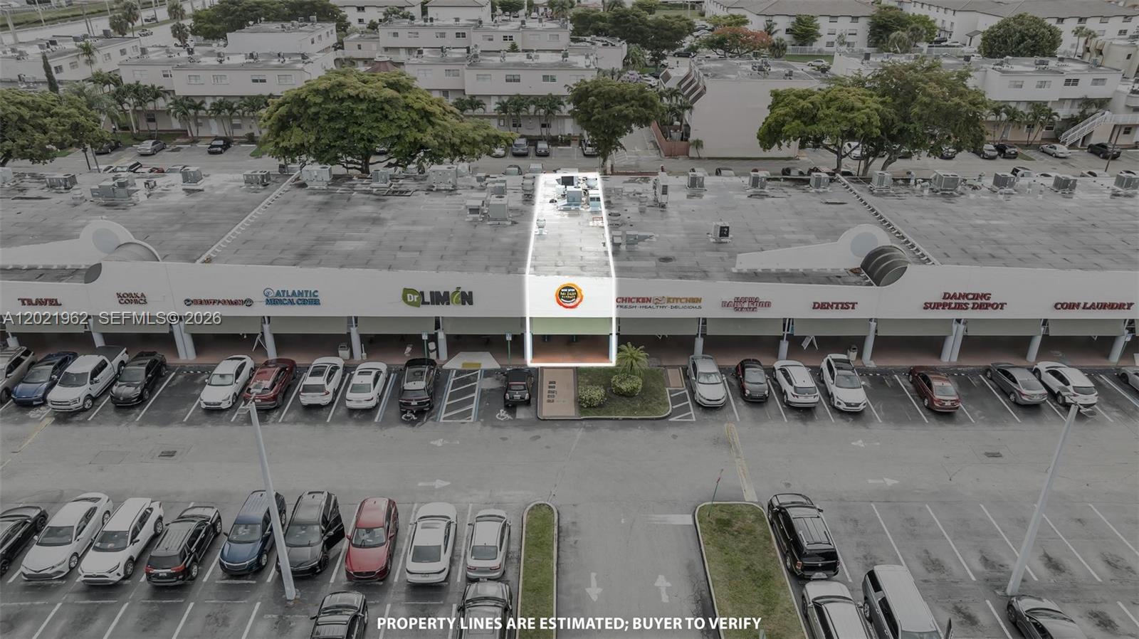 An aerial view shows a commercial strip mall with a highlighted storefront and parking lot — 10548 SW 8, Miami FL 33174, MIAMI, FL