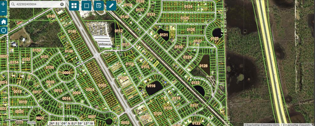 This is a satellite map view of a residential neighborhood with plotted property lines — 12338 CATALINA DRIVE, PUNTA GORDA, FL