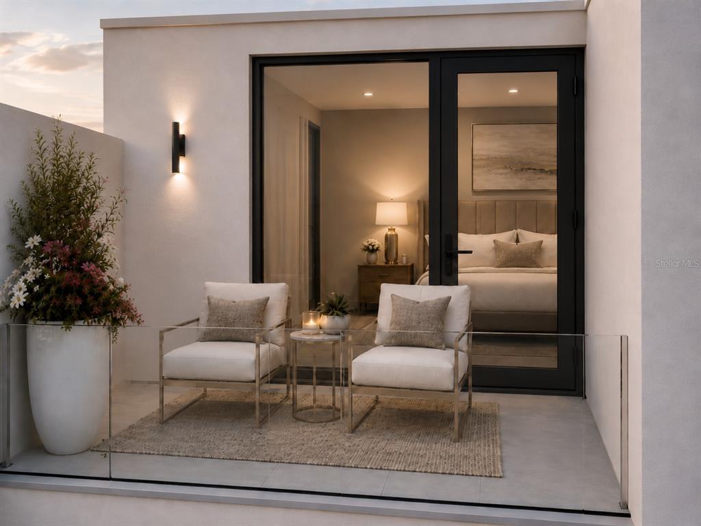 This rendering shows a modern balcony with two chairs, a small table, and a glass railing — 1305 4TH STREET UNIT 401G RT, SARASOTA, FL